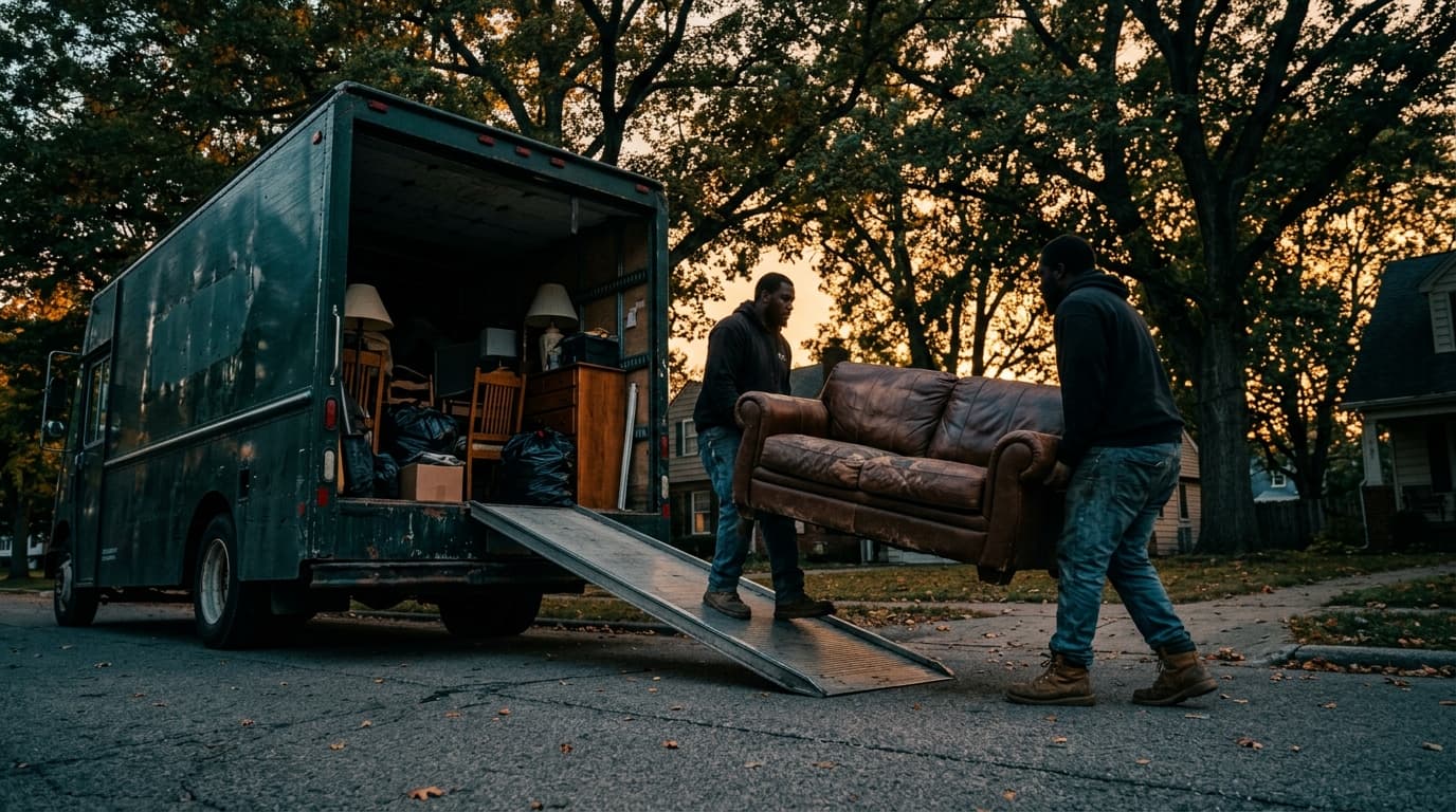 Junk removal truck being loaded